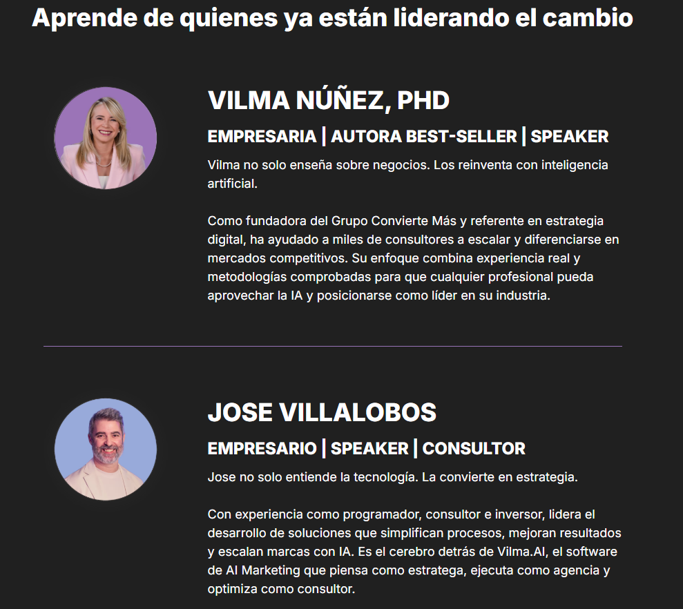 Vilma Núñez PhD y Jose Villalobos, especialistas en técnicas de pricing estratégico con inteligencia artificial para consultorías y negocios digitales