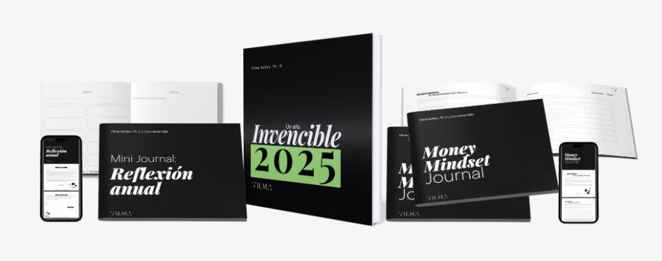 banner con tres recursos gratuitos para descargar llamados "mini journal reflexión anual", "un año invencible 2025" y "money mindset journal", con fondo blanco y portadas negras.