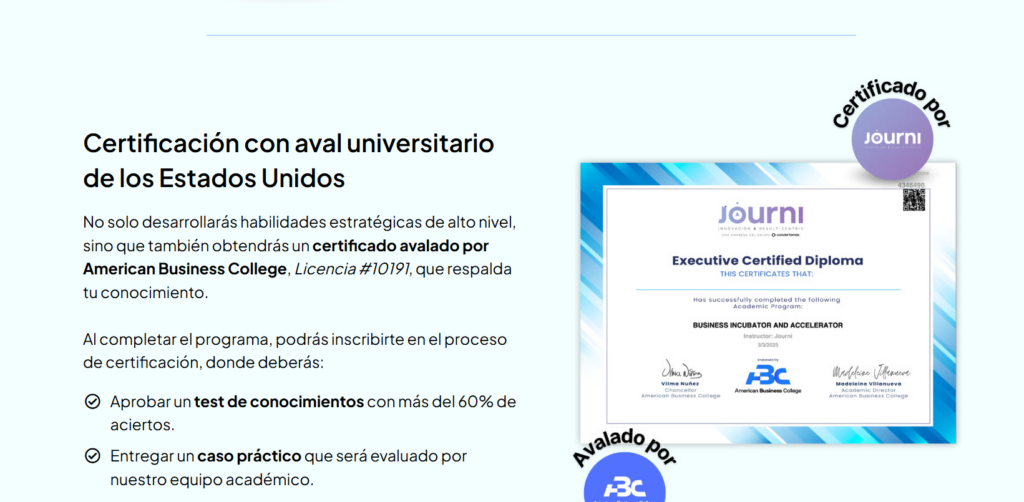 Executive Certified Diploma del programa Business Incubator and Accelerator de Journi, avalado por American Business College Licencia #10191, firmado por Vilma Núñez como Chancellor y Madeleine Villanueva como Academic Director