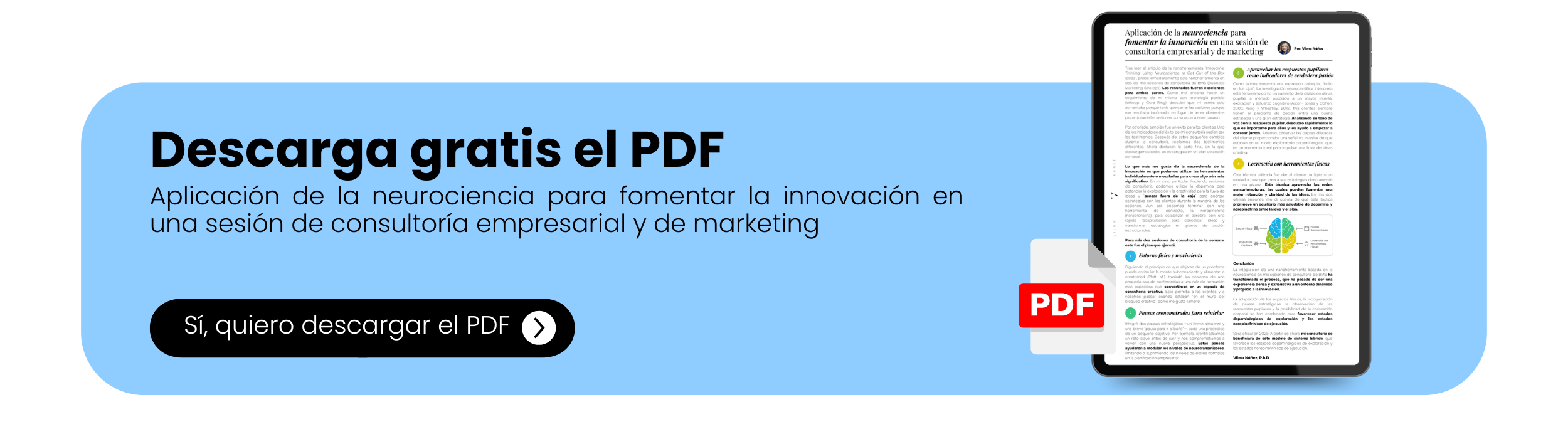 Imagen de descarga gratuita del PDF “Aplicación de la neurociencia para fomentar la innovación en una sesión de consultoría empresarial y de marketing”, con un diseño minimalista y fondo azul, que invita al usuario a obtener el recurso