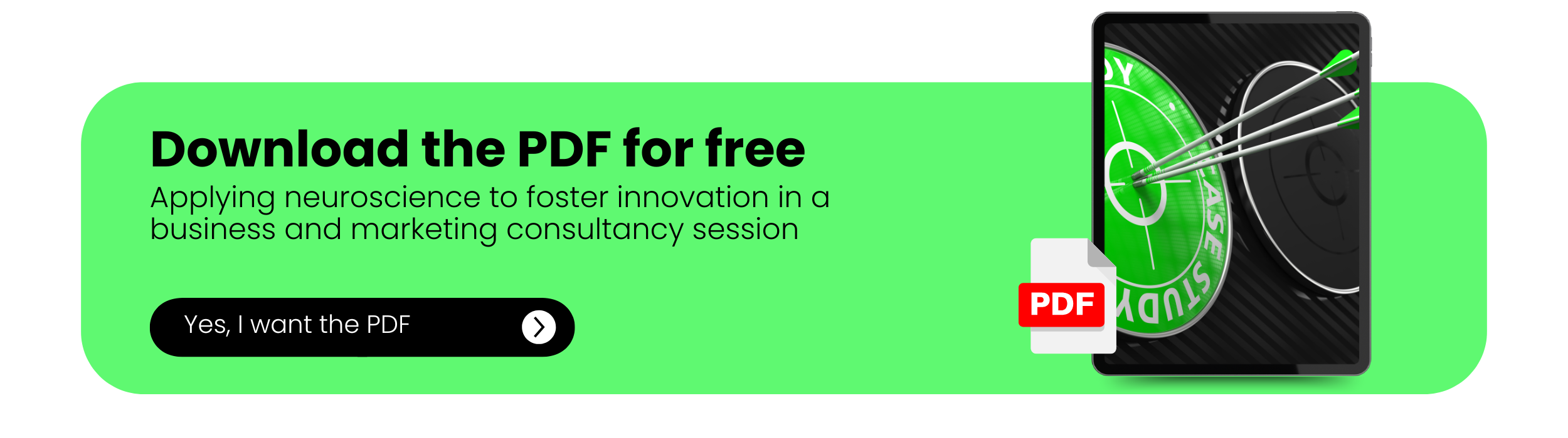 Free download image of the PDF "Applying neuroscience to foster innovation in a business and marketing consultancy session" with a minimalist design and green background, which invites the user to obtain the resource. 