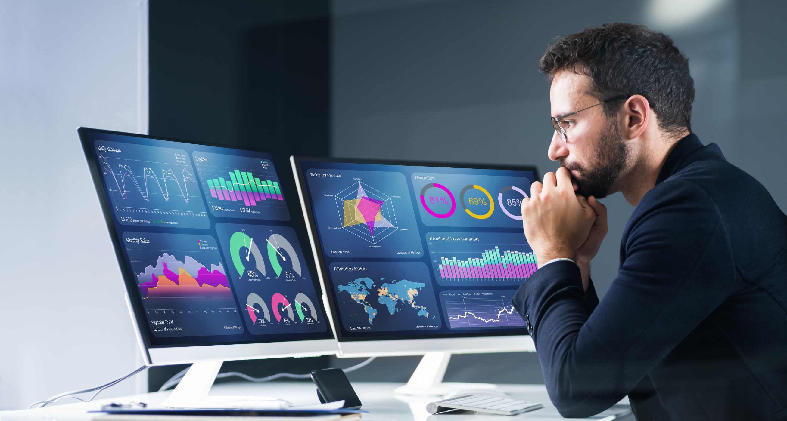 the image of a young male leader analyzing data in two computers based in neuroscience for business