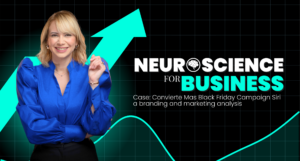 Cover of a blog titled "neuroscience for business case Convert More Black Friday Campaign with a branding and marketing analysis", with a blue and black background, and a smiling woman on the left side.