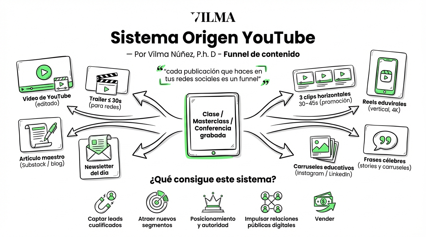 Diagrama del Sistema Origen YouTube de Vilma Núñez que explica cómo captar clientes de servicios mediante la multiplicación de un contenido base en múltiples formatos digitales