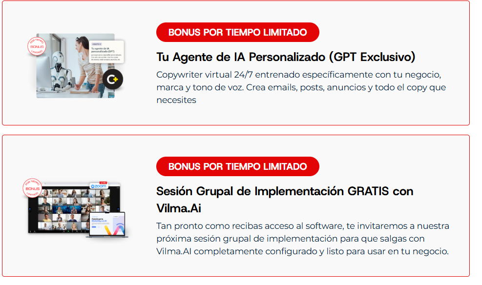 Oferta por tiempo limitado: Agente de IA personalizado para copywriting 24/7 y sesión grupal de implementación con Vilma.Ai para Marketing