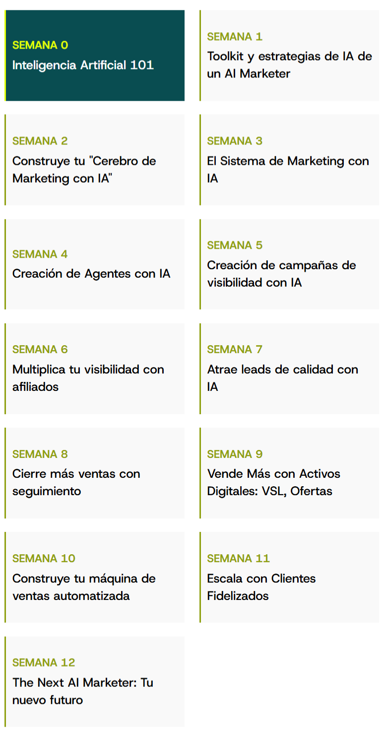 Programa de 12 semanas de certificación en Vibe Marketing con IA, desde fundamentos hasta automatización de ventas y escalamiento con clientes fidelizados