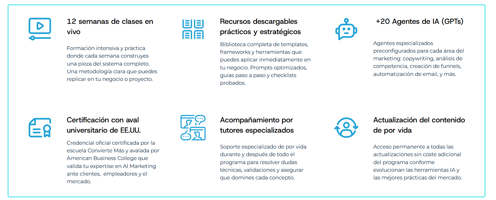 Beneficios de la certificación en Marketing con IA: 12 semanas de formación práctica, aval universitario, +20 agentes de IA especializados, recursos descargables y tutorías permanentes