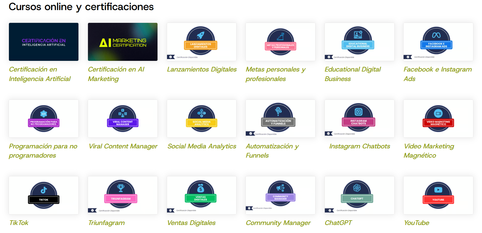 Oferta formativa en marketing digital: certificaciones en Marketing, IA, lanzamientos digitales, automatización, redes sociales y estrategias con ChatGPT