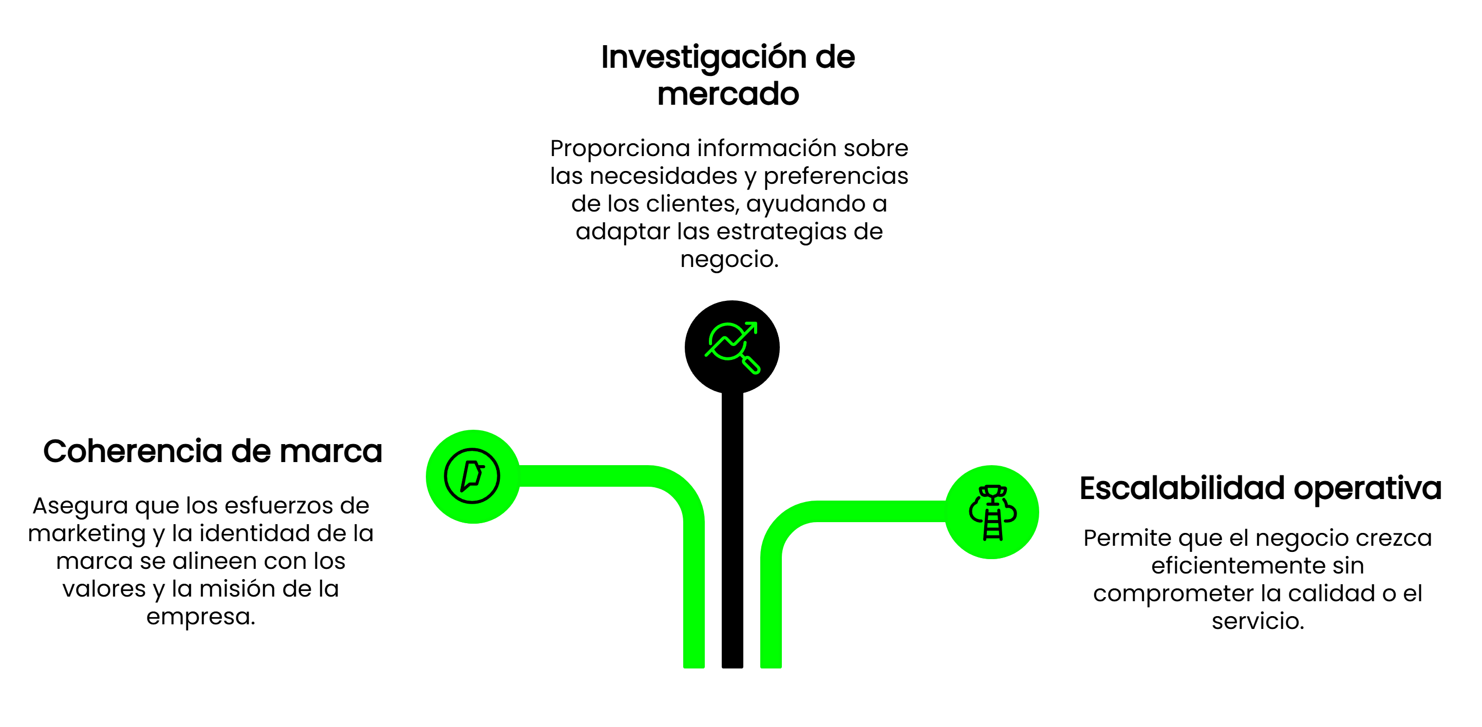 Infografía de Vilma Núñez mostrando los 3 pilares clave de una estrategia de marketing efectiva: investigación de mercado, coherencia de marca y escalabilidad operativa
