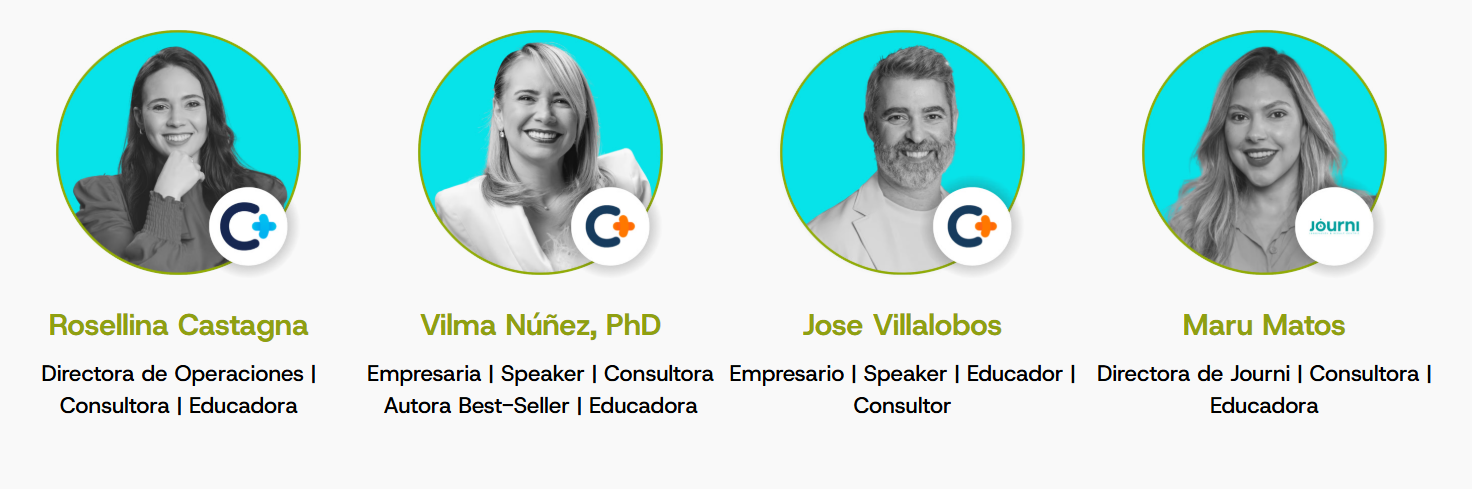 Equipo de expertos en AI Marketing: Rosellina Castagna, Vilma Núñez PhD, Jose Villalobos y Maru Matos, especialistas en IA, consultoría y educación en marketing digital