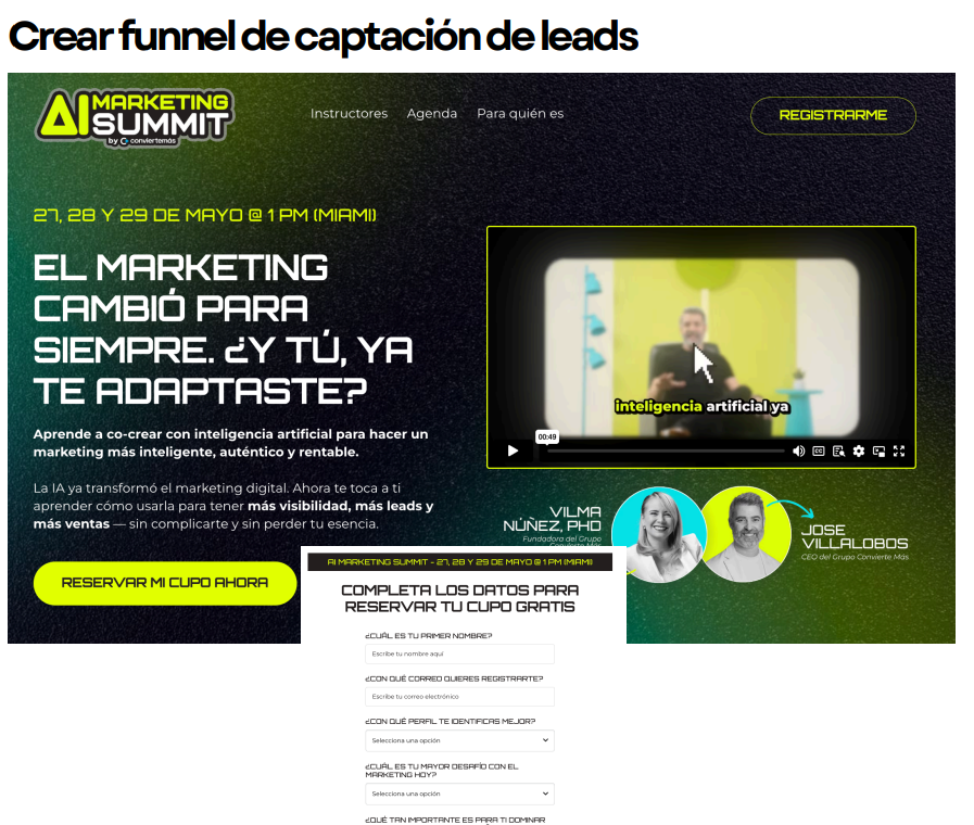 Ejemplo de funnel de leads con IA para marketing digital: formulario de registro y estrategias de conversión para eventos online