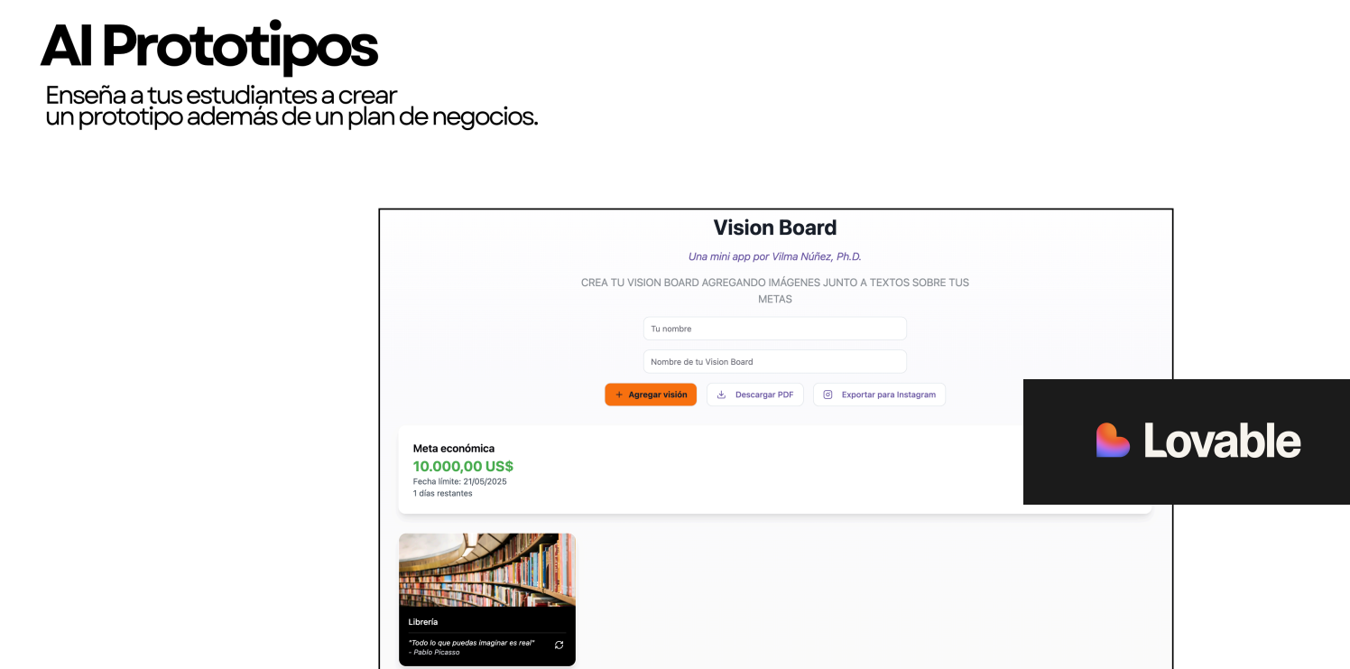 Interfaz de AI Prototipos: Vision Board para estudiantes con secciones de metas económicas, exportación a Instagram y citas inspiradoras