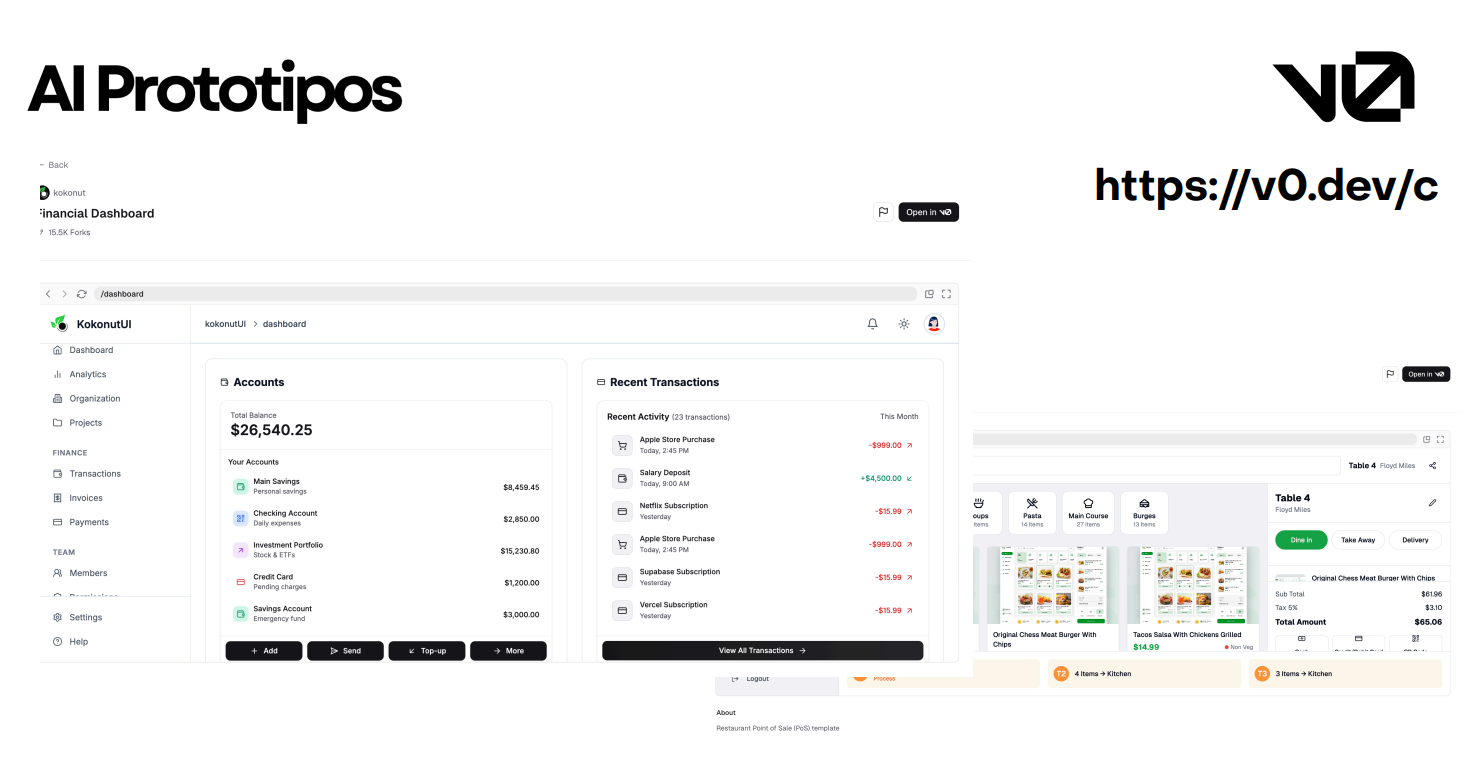 Prototipo de dashboard financiero AI Prototipos mostrando cuentas, transacciones recientes, palabras clave y métricas de rendimiento (15.5ms)