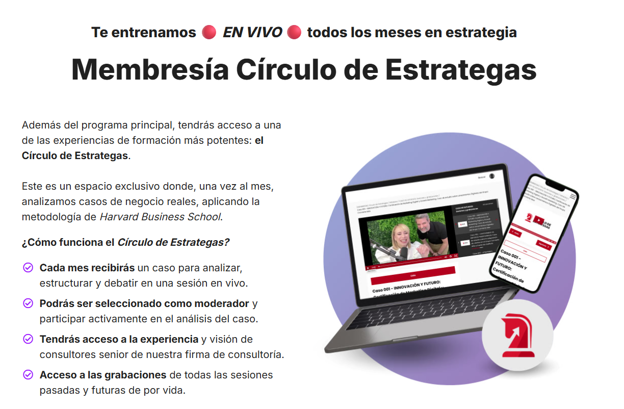 Membresía Círculo de Estrategias para Business Marketing Strategist con entrenamiento mensual en vivo, análisis de casos reales y metodología Harvard Business School