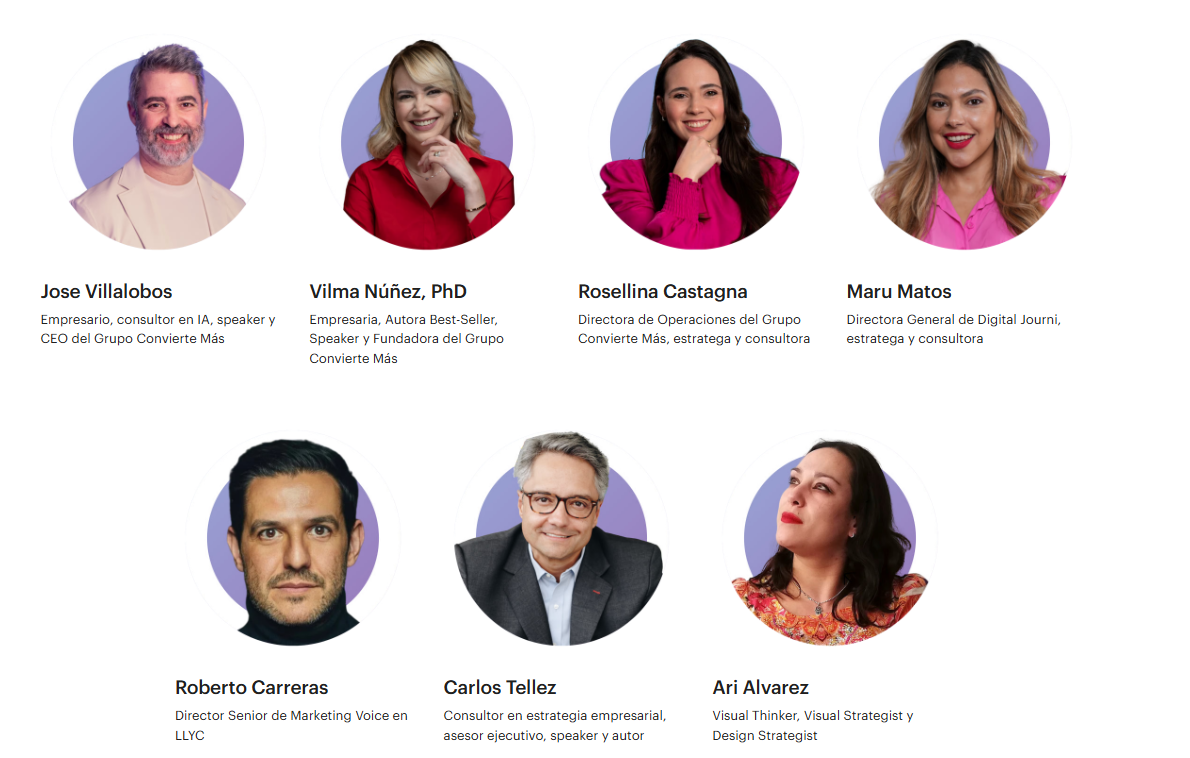 Equipo de expertos Business Marketing Strategist del Grupo Convierte Más: Jose Villalobos, Vilma Núñez y especialistas en IA, consultoría y estrategia de marketing