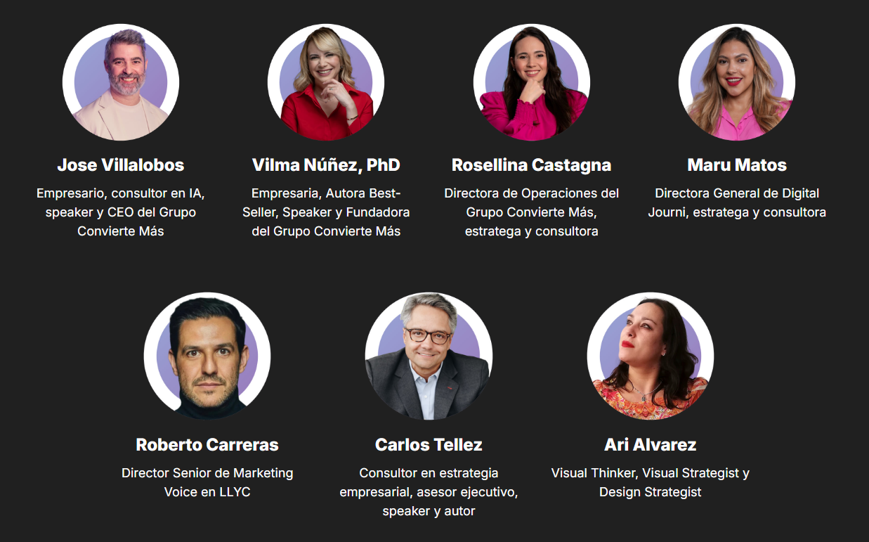 Equipo de expertos Business Marketing Strategist del Grupo Convierte Más: Jose Villalobos, Vilma Núñez y especialistas en IA, consultoría y estrategia de marketing