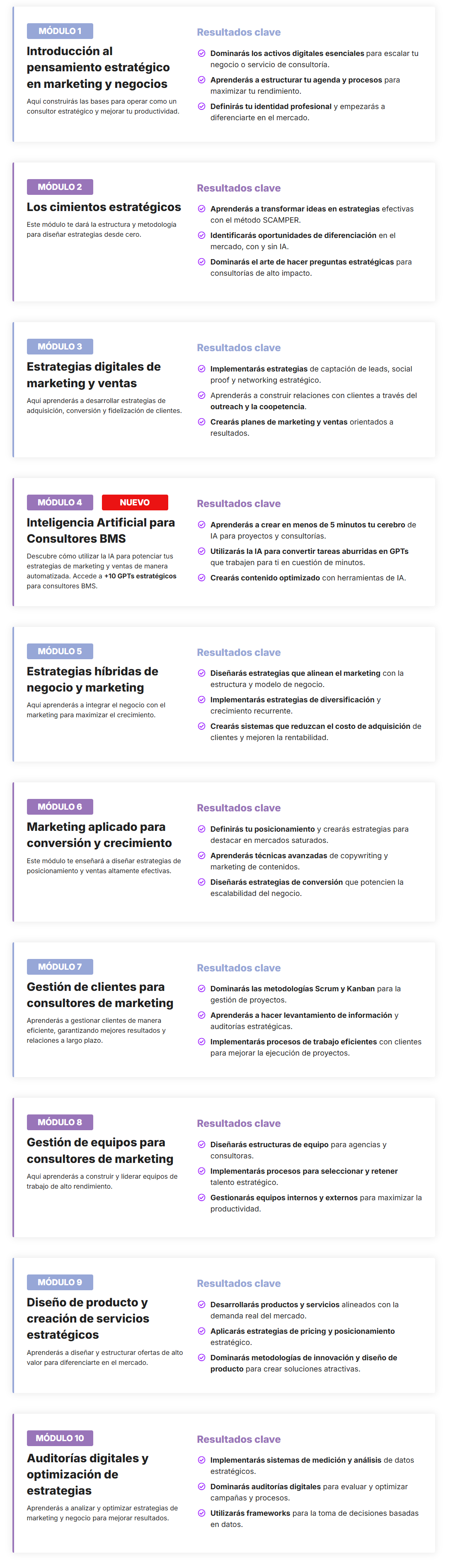 Módulos de formación BMS para Business Marketing Strategist mostrando estrategias de marketing digital, inteligencia artificial, gestión de clientes y equipos, diseño de servicios y auditorías digitales