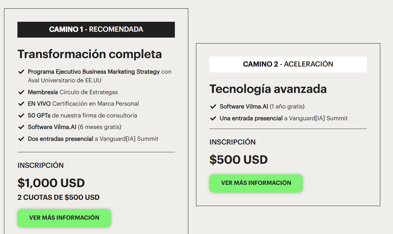 Opciones de pago para programa Business Marketing Strategist: pago único $1000 o 2 cuotas de $500 con métodos Visa y otros