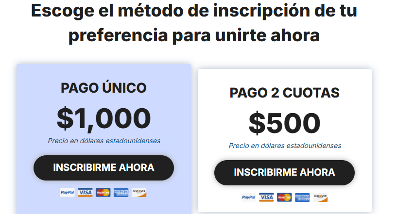 Opciones de pago para programa Business Marketing Strategist: pago único $1000 o 2 cuotas de $500 con métodos Visa y otros