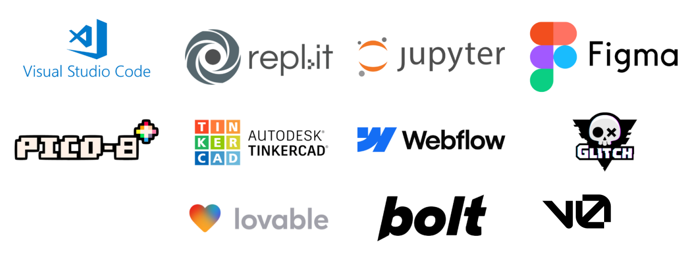 Colección de herramientas de desarrollo y diseño: Visual Studio Code, Figma, Jupyter, Webflow, Autodesk Tinkercad, repl.it, lowable, bolt, v2