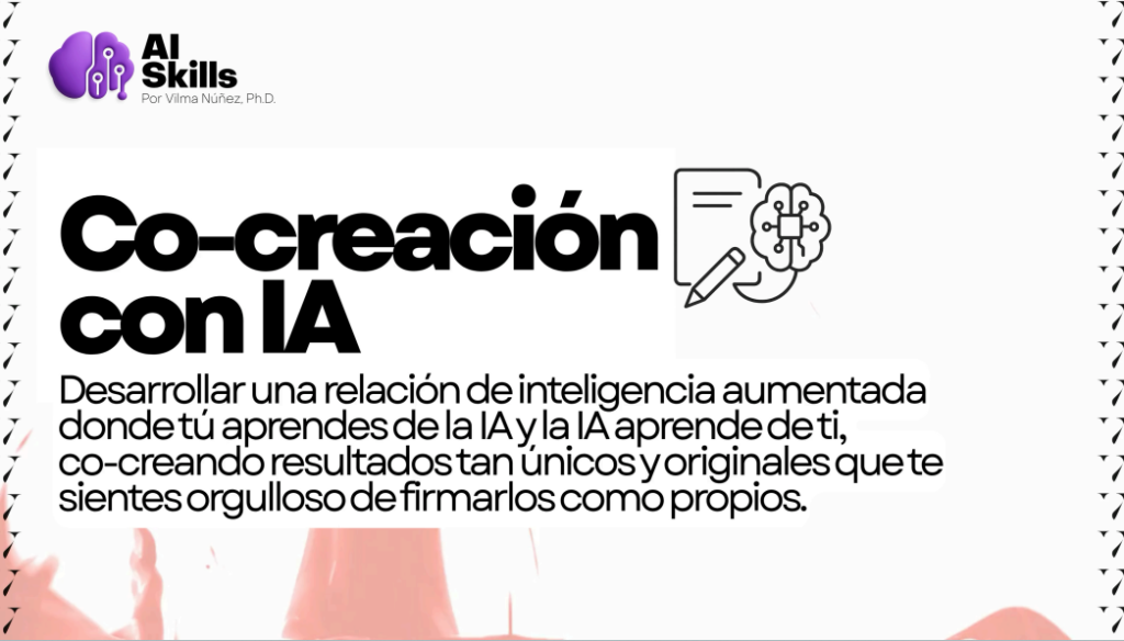 Diagrama del proceso de co-creación con IA del Método COCO, mostrando la relación de inteligencia aumentada donde el líder y la IA aprenden mutuamente.