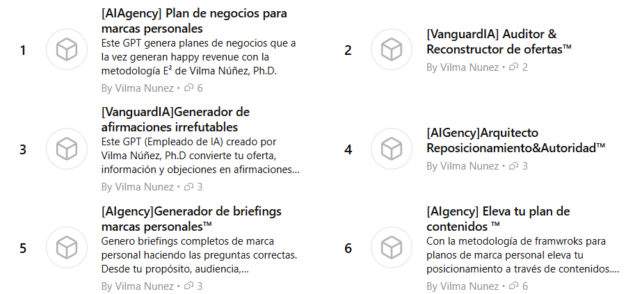 Ejemplos de asistentes de IA especializados del Método COCO, incluyendo GPTs para planes de negocios, briefings de marca personal y reconstrucción de ofertas. 