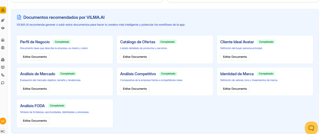 Pantalla del software de marketing en español Vilma.AI mostrando los documentos estratégicos recomendados: Perfil de Negocio, Catálogo de Ofertas, Cliente Ideal Avatar, Análisis de Mercado, Análisis Competitivo, Identidad de Marca y Análisis FODA para potenciar workflows automatizados