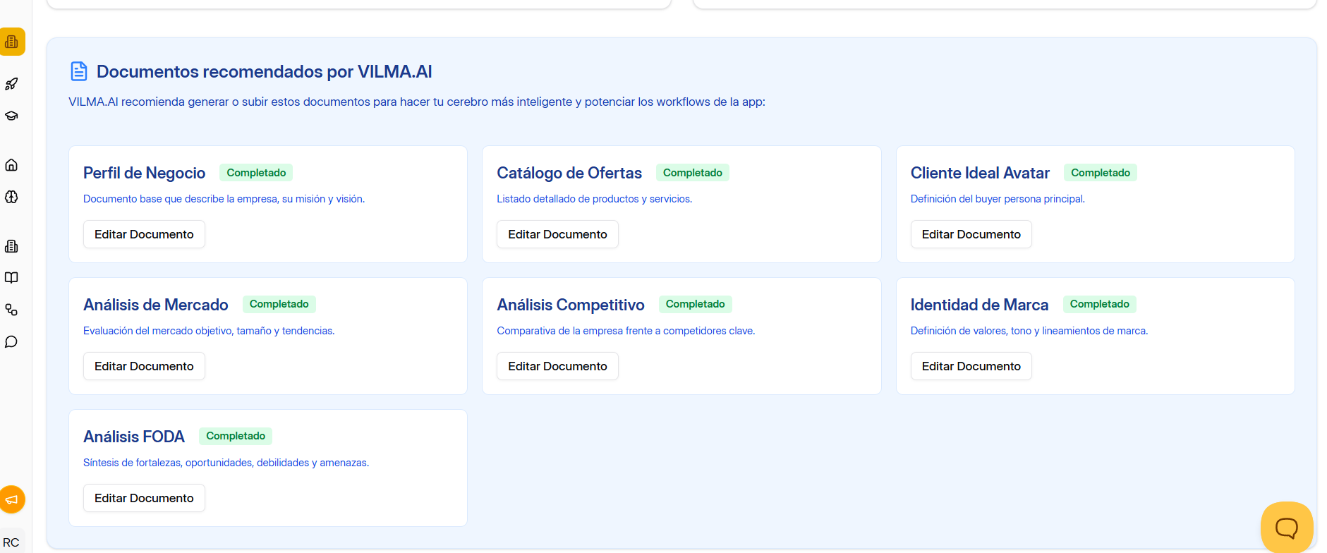 Pantalla del software de marketing en español Vilma.AI mostrando los documentos estratégicos recomendados: Perfil de Negocio, Catálogo de Ofertas, Cliente Ideal Avatar, Análisis de Mercado, Análisis Competitivo, Identidad de Marca y Análisis FODA para potenciar workflows automatizados