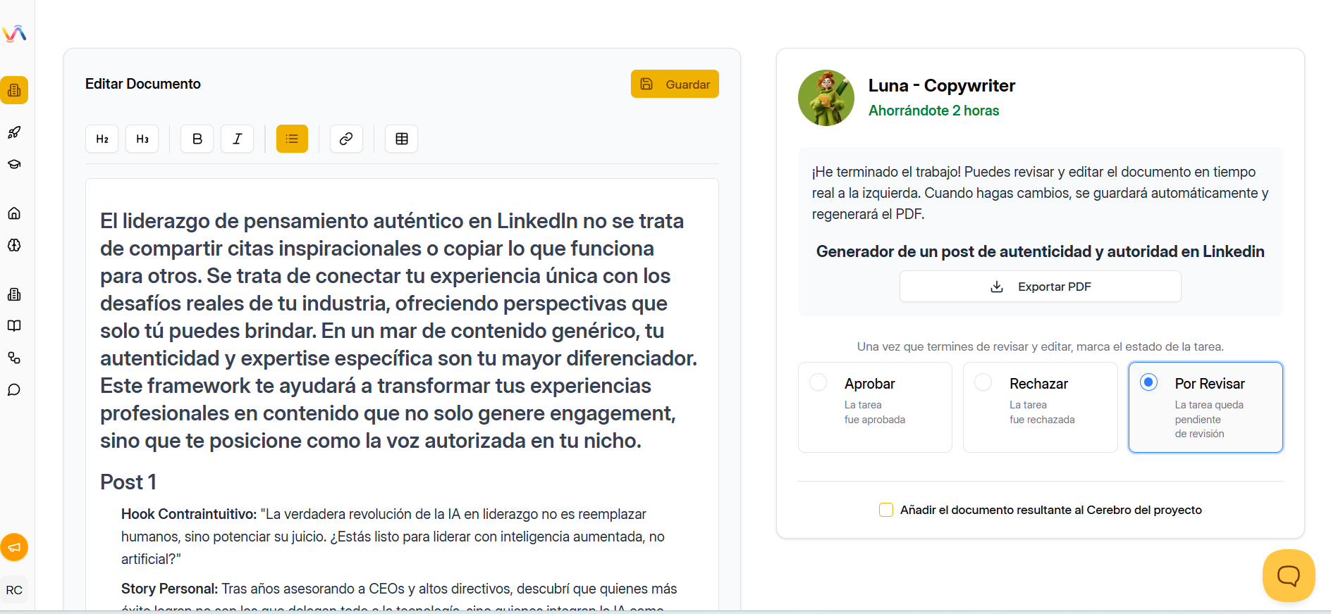 Ejemplo del software de marketing con inteligencia artificial Vilma.AI generando contenido auténtico para LinkedIn sobre liderazgo de pensamiento, mostrando hooks contraintuitivos y storytelling personalizado para posicionamiento de marca