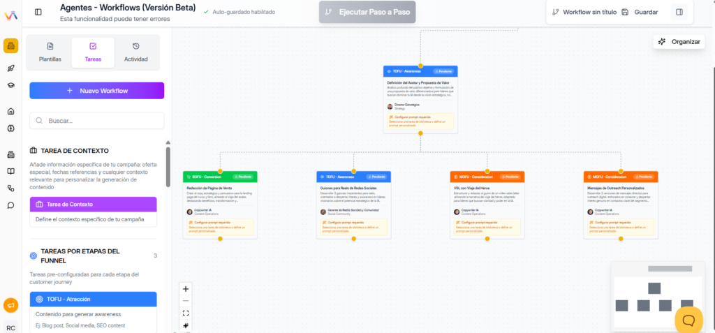 Ejemplo del software de marketing con inteligencia artificial Vilma.AI ejecutando tareas de marketing con agentes de IA automatizados en segundos