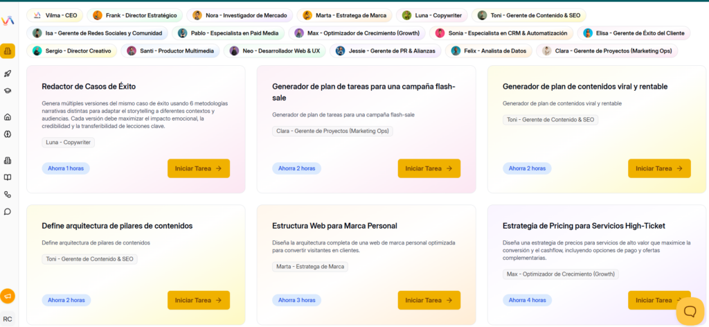 Interfaz del software de marketing con inteligencia artificial Vilma.AI mostrando tareas automatizadas como redactor de casos de éxito, arquitectura de pilares de contenido, campañas flash-sale y estrategias de precios high-ticket con empleados de IA especializados