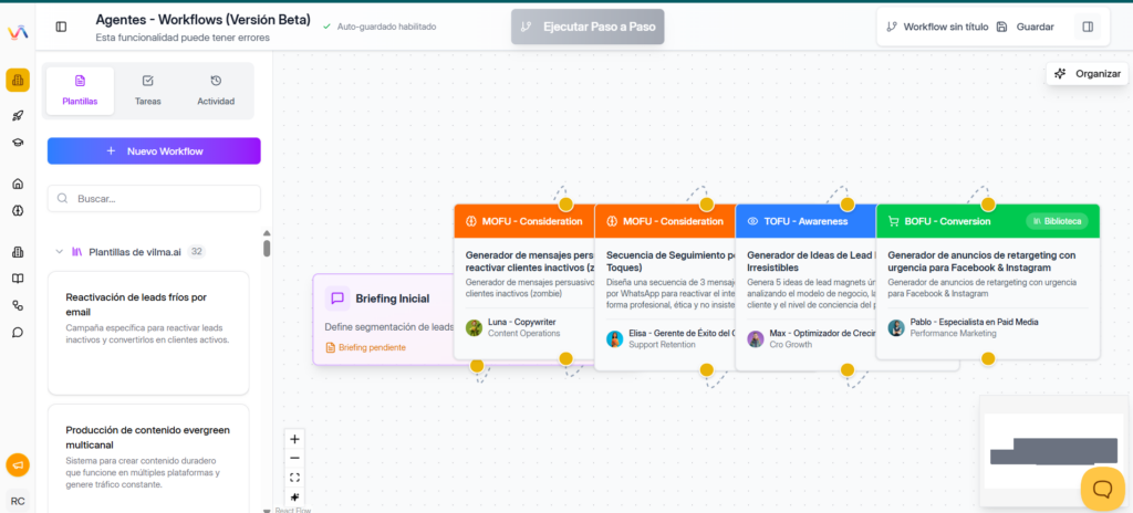 Interfaz de workflows del software de marketing con inteligencia artificial Vilma.AI mostrando automatizaciones avanzadas como reactivación de leads fríos, producción de contenido evergreen multicanal, secuencias de WhatsApp y anuncios de retargeting con urgencia