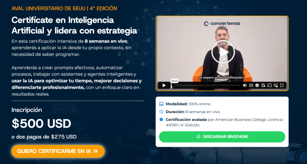 Certificación en agentes de IA avalada por universidad americana - 8 semanas online para dominar inteligencia artificial aplicada