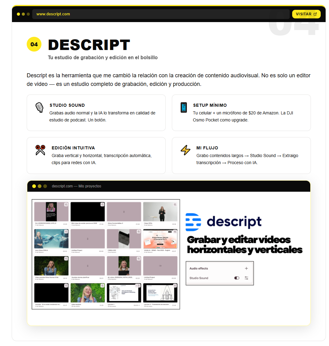 herramientas de IA para emprendedores. Descript. para grabar y editar videos horizontales y verticales. vilma núñez. infografía