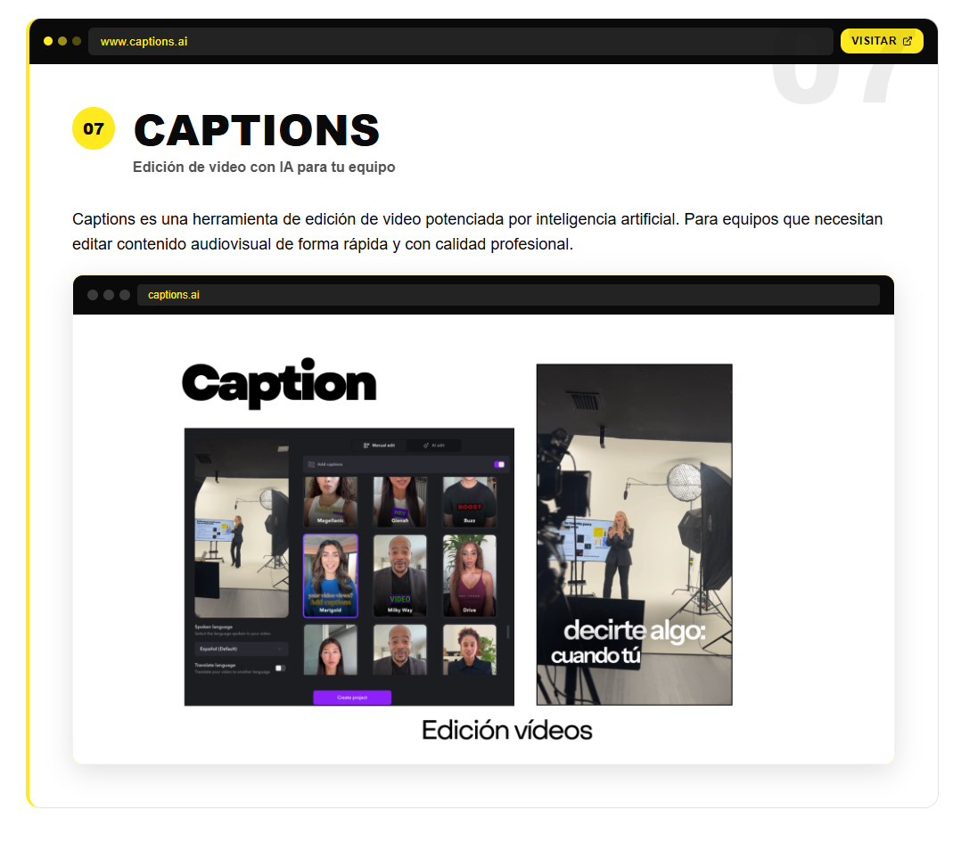 herramientas de IA para emprendedores. edición de videos. captions. vilma núñez. infografía