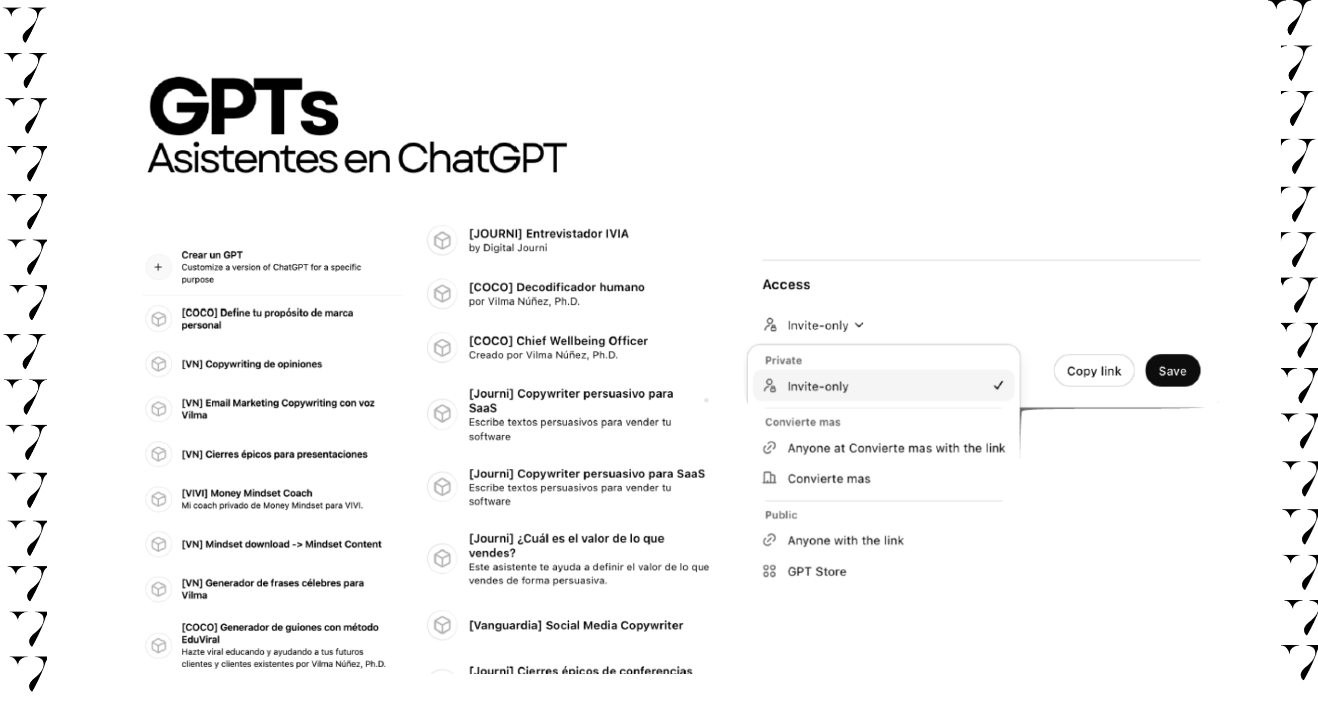 asistentes. GPTs de ChatGPT. ejemplo real. vilma núñez. niveles de IA en marketing