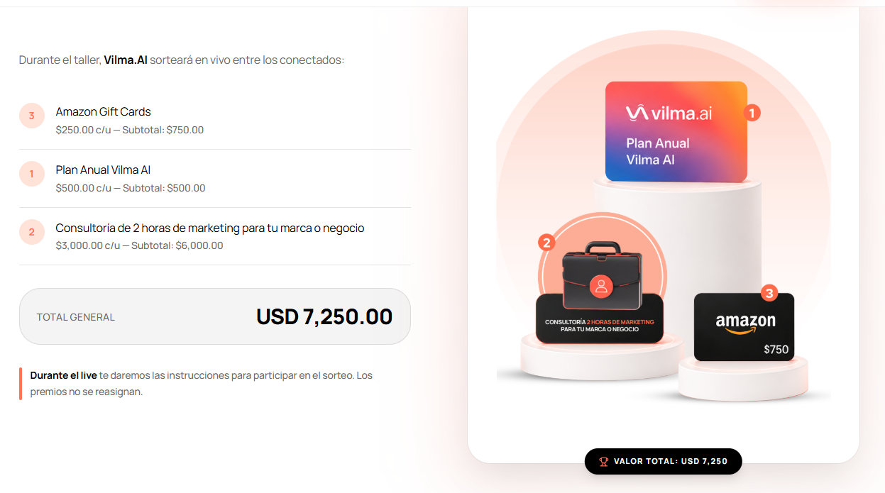 sorteo y premios en vivo. taller gratis de marketing y ventas con IA