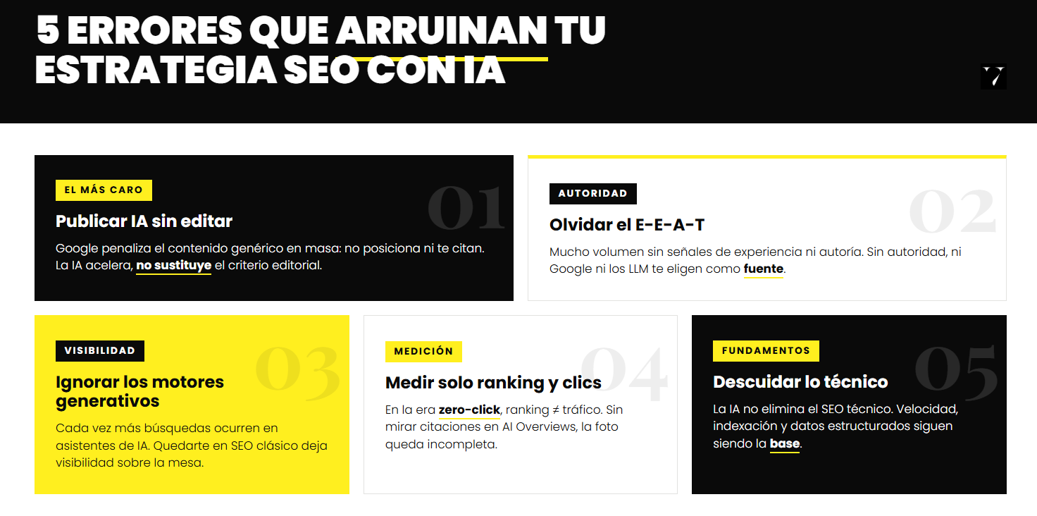errores al crear una estrategia SEO con IA. infografía