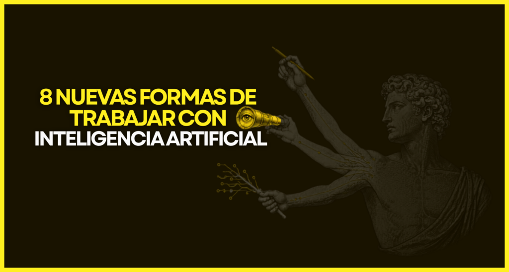8 nuevas formas de trabajar con inteligencia artificial: ilustración de figura clásica con brazos extendidos sosteniendo un catalejo dorado con ojo y un cable de circuito, simbolizando la coevolución humano-máquina