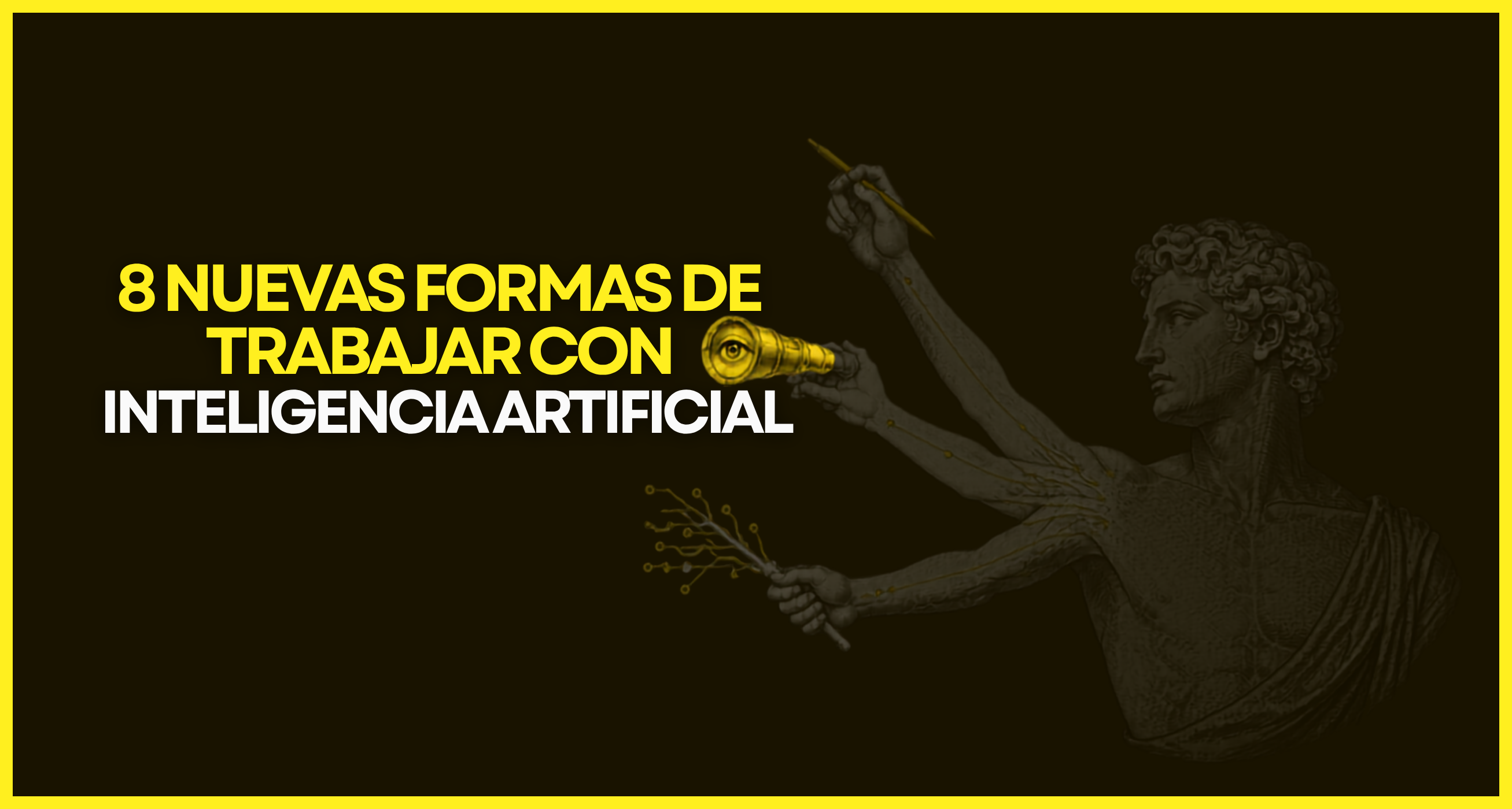 8 nuevas formas de trabajar con inteligencia artificial: ilustración de figura clásica con brazos extendidos sosteniendo un catalejo dorado con ojo y un cable de circuito, simbolizando la coevolución humano-máquina