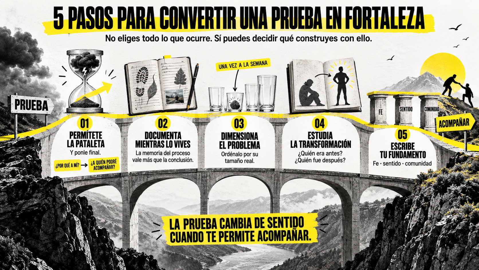 Infografía de 5 pasos para transformar las dificultades en fortaleza personal y resiliencia.