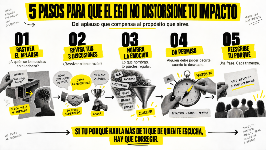 Infografía de 5 pasos para evitar que el ego distorsione tu impacto y pasar de la validación externa al propósito genuino.