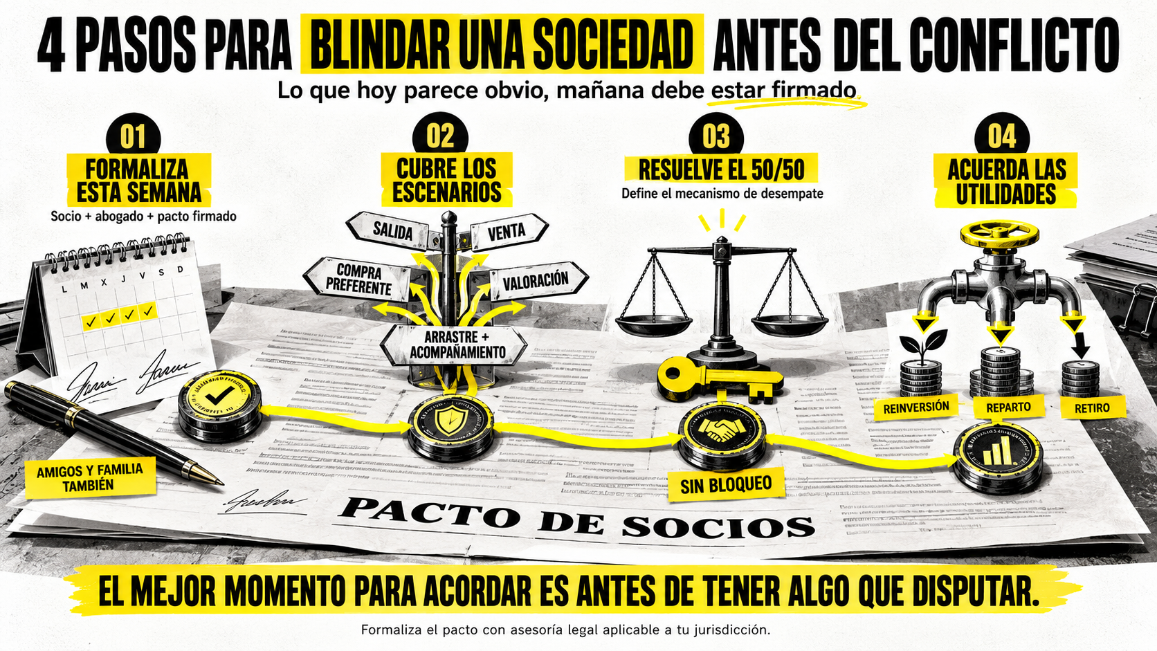Infografía sobre cómo blindar una sociedad en 4 pasos mediante un pacto de socios para evitar problemas entre socios