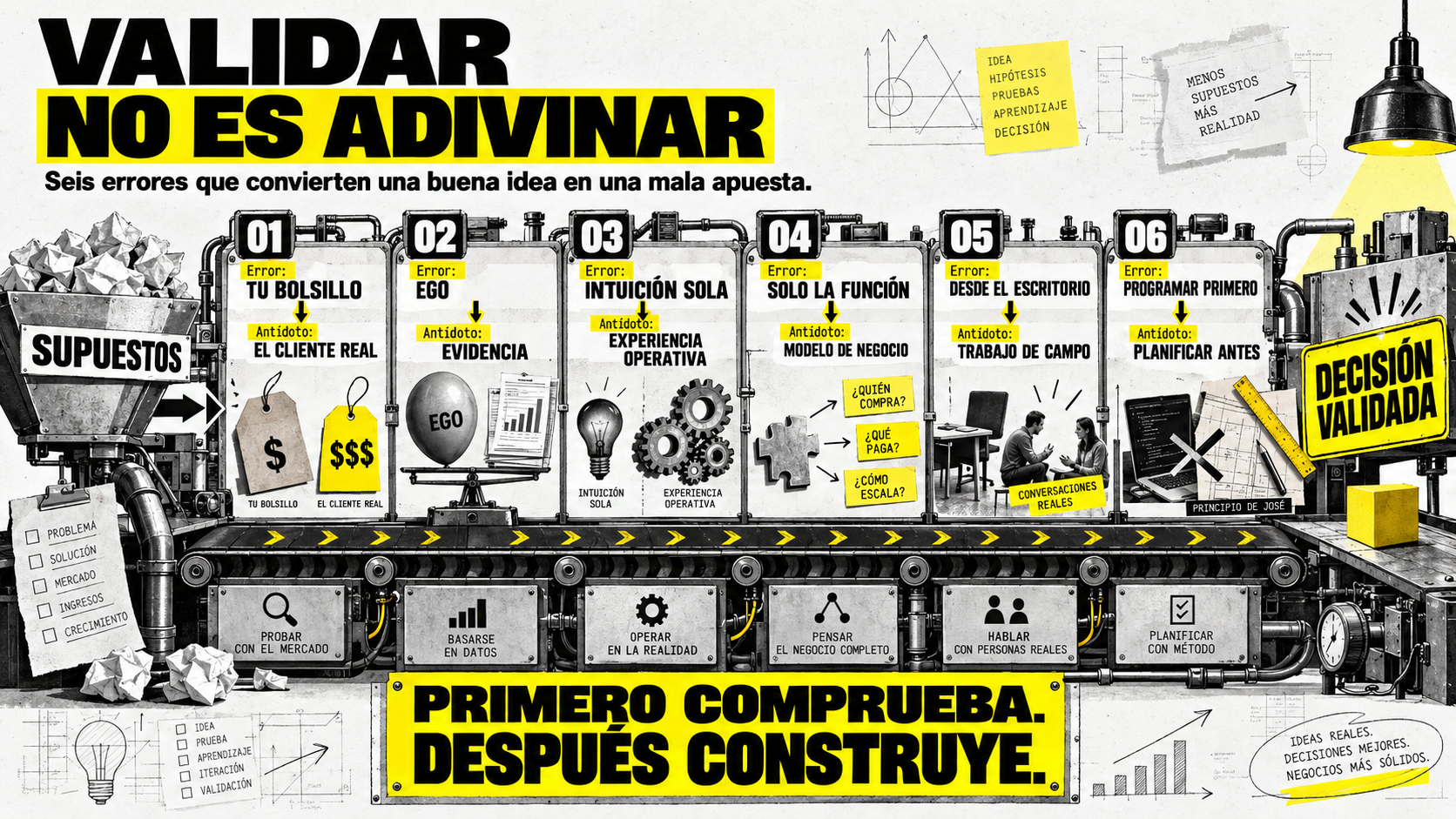 Infografía explicativa sobre cómo validar una idea de negocio antes de construirla, mostrando 6 errores comunes (como guiarse por el ego o programar primero) y sus antídotos paso a paso para tomar una decisión validada.