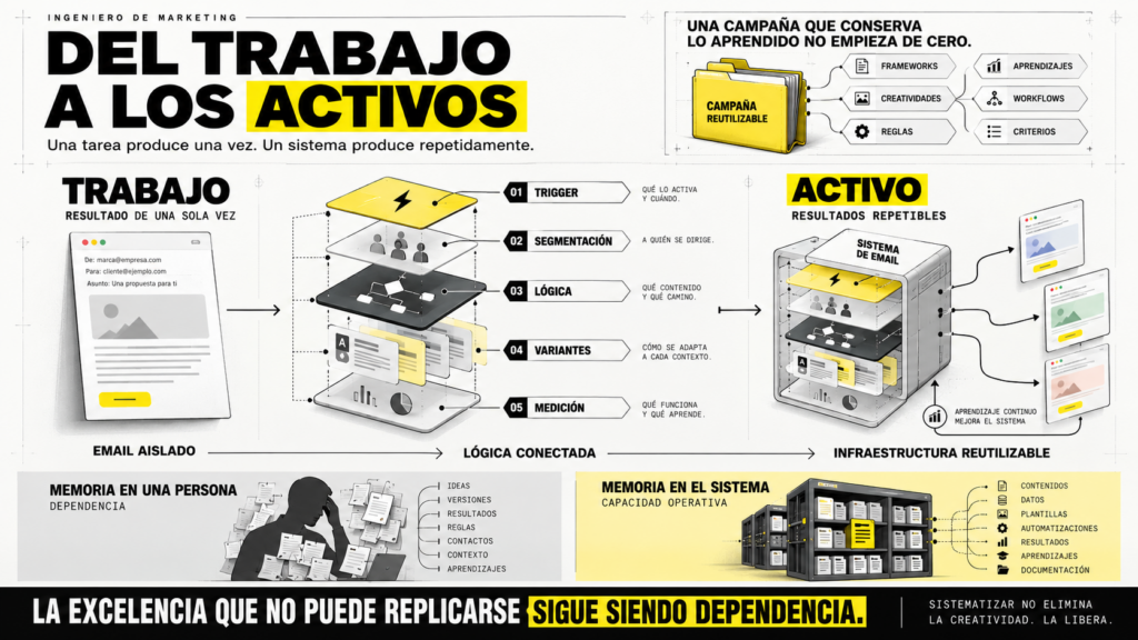 Infografía creada sobre el proceso de 6 pasos para programar reglas en agentes de IA: experiencia, criterio, regla, alerta, decisión y acción.