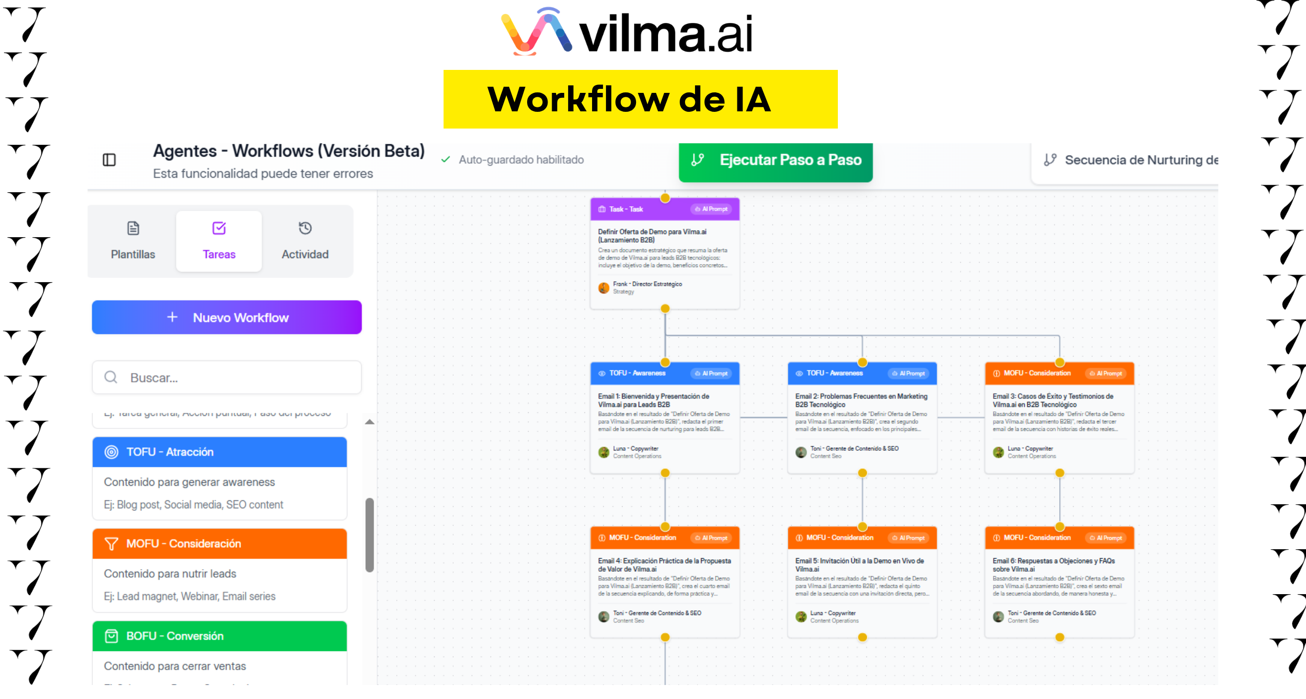 Captura de pantalla de la plataforma vilma.ai mostrando un mapa de agentes y tareas para la creación de un flujo de trabajo con IA.