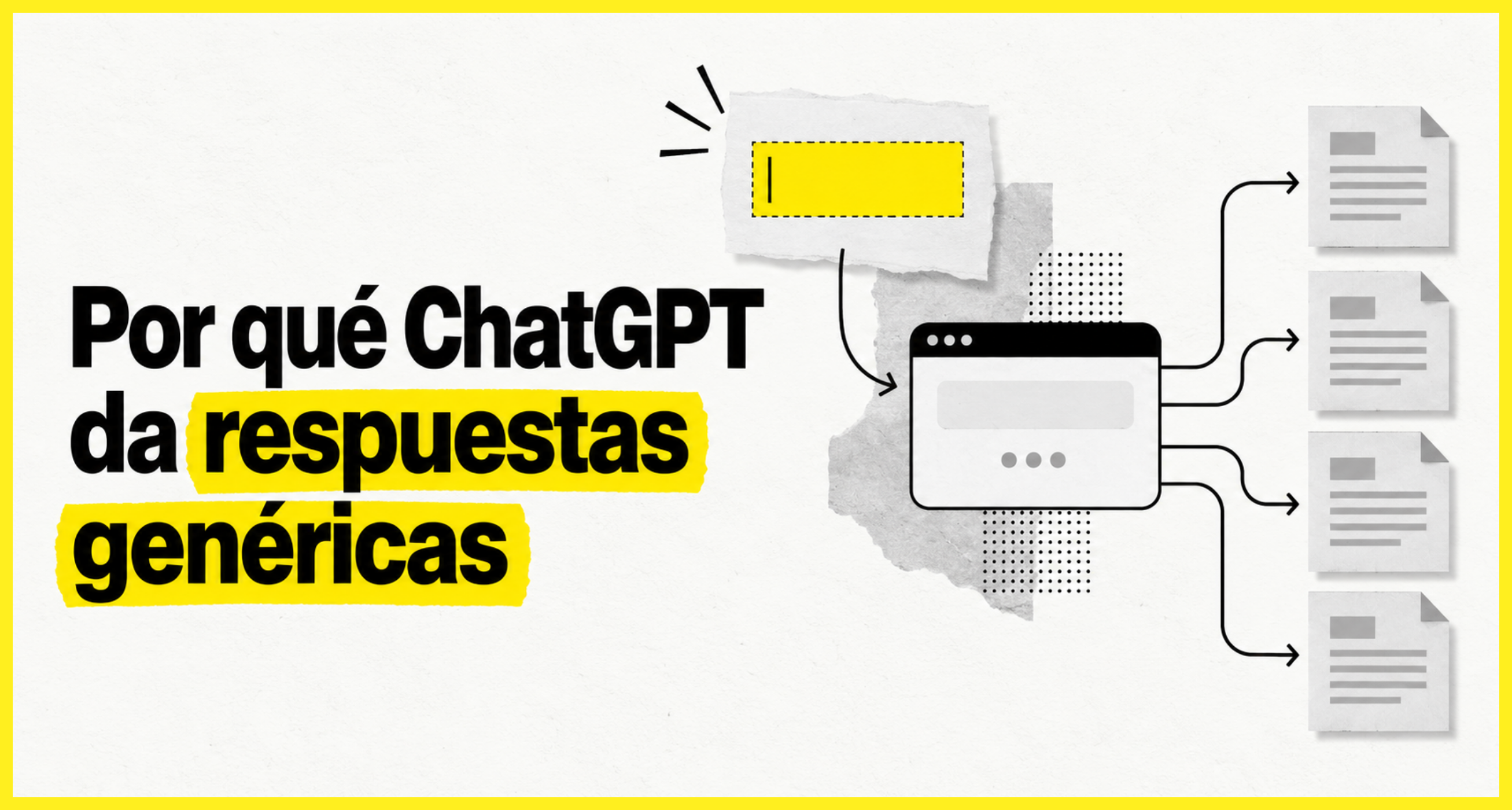 Imagen de portada del blog con el texto 'Por qué ChatGPT da respuestas genéricas' y un diagrama que ilustra cómo una entrada sin contexto genera múltiples resultados idénticos.