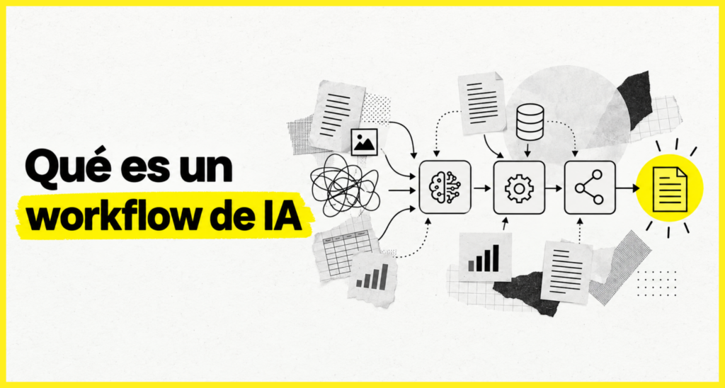 Imagen de portada del blog con el texto 'Qué es un workflow de IA' e ilustración de un diagrama de flujo con agentes de inteligencia artificial procesando datos.