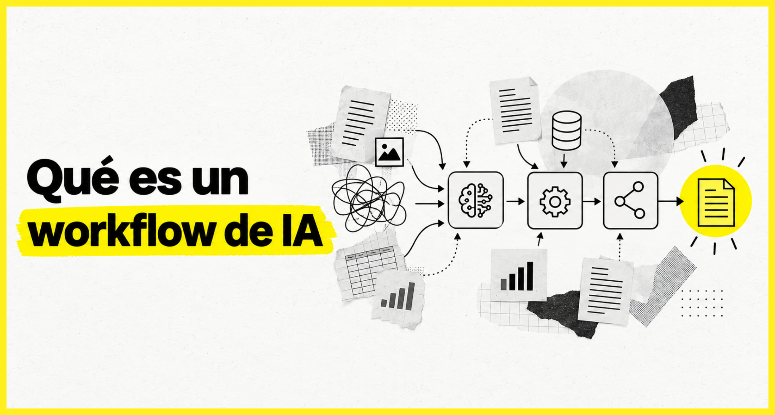 Imagen de portada del blog con el texto 'Qué es un workflow de IA' e ilustración de un diagrama de flujo con agentes de inteligencia artificial procesando datos.