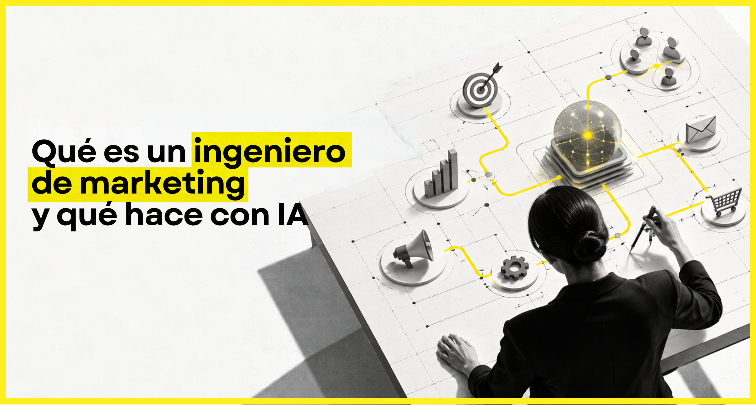 Portada oficial de artículo con el texto "Qué es un ingeniero de marketing y qué hace con IA", mostrando a una profesional diseñando una arquitectura de sistemas digitales.